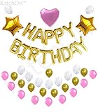 Gold Happy Birthday Balloon Banner Set - Large, Pack of 43 | Star and Heart Mylar Balloons | Pink, Gold and White Latex Balloons | Gold Happy Birthday Decorations | Gold Theme Birthday Party Supplies