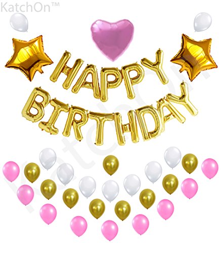 Gold Happy Birthday Balloon Banner Set - Large, Pack of 43 | Star and Heart Mylar Balloons | Pink, Gold and White Latex Balloons | Gold Happy Birthday Decorations | Gold Theme Birthday Party Supplies
