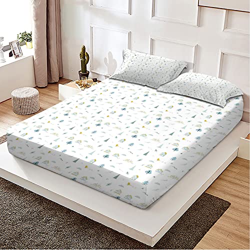 Scandinavian Theme Full Fitted Bed Sheets,Apartment Bicycle Tree Pattern,Decorative Printed 3 Piece Bedding Decor Set,Super Soft Breathable Comfortable Fitted Bed Sheets(Yellow Green) #TOP1