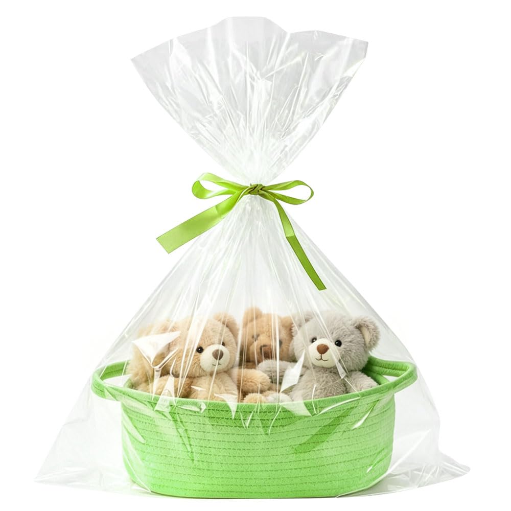 Gift Basket Hamper Kit, Gift Baskets Empty, Hamper Baskets for Gifts Empty with Cellophane Bags and Ribbon, Woven Gift Baskets for Baby Shower, Birthday,Christmas, 30 x 20 x 12cm (Green)