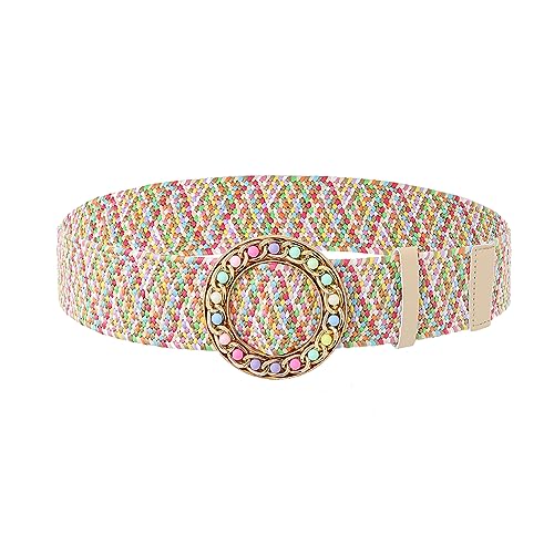 Urieo Elastic Round Buckle Straw Belts Beaded Colorful Stretch Woven Belt Dresses Dress Jeans Pants Raffia Belt for Women