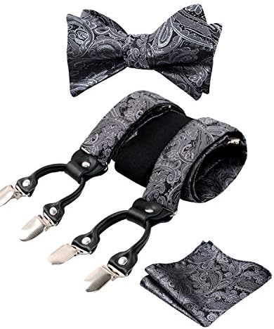 Alizeal Mens Adjustable Floral Paisley Self-tied Bow Tie, Pocket Square and Elastic Y Shape 6 Clips Braces Set
