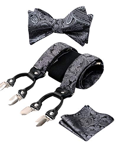 Alizeal - Nœud papillon réglable pour homme - Motif cachemire floral - Nœud papillon - Carré de poche et élastique en Y - 6 pinces, gris, taille unique Cover
