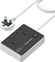 Extension Lead with 3 USB Slots (1 USB C), Surge Protected 2 Plug Extension Lead 2M with Switch, USB Power Strip for Home Bedroom Kitchen Office, Black
