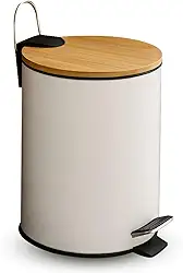 Lixeira com Pedal em Inox e Tampa de Bambu Capacidade 5 Litros Redonda Branca Cesto de Lixo Removivel Ideal para Cozinha Branheiro Escritório Mec G