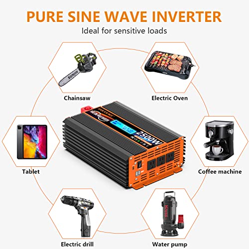 2500 Watt Pure Sine Wave Power Inverter 12V Dc To 110V 120V Converter For Family Rv Off Grid Solar System Car With Type-C Ports 3 Ac Power Outlets Dual Usb Ports Lcd Display Wireless Remote Control #TOP3