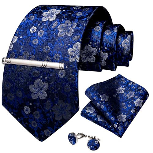Image of DiBanGu Silk Floral Ties for Men Woven Paisley Necktie and Tie Clip Handkerchief Cufflinks Set for Party Wedding