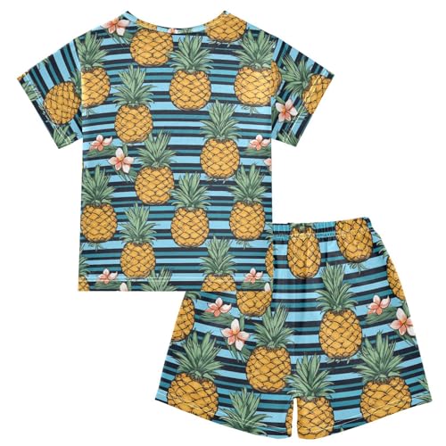 ALAZA Pineapples Flower Stripe Pajama Set Short Sleeve Sleepwear Soft Lounge Nightwear2
