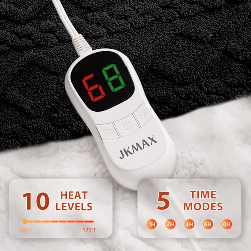 JKMAX Heated Electric Blanket Queen Size-84"x90" Heating Blanket with 10 Heating Levels & 5 Time Settings Over-Heat Protection，Winter Warmer for Adults with ETL Certification（Black）