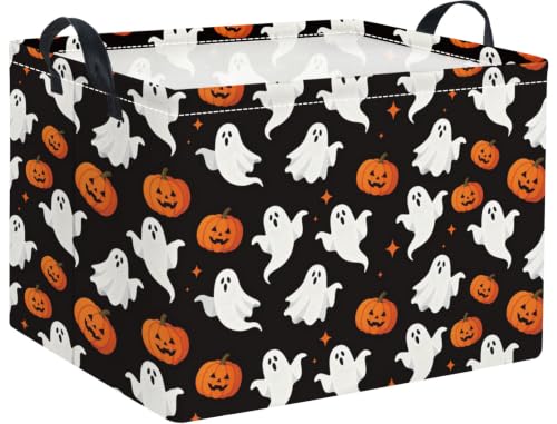 Image of Halloween Basket Cute Baskets for Kids Pumpkin Basket Rectangular Storage Bin Organizer Box Room Decor(Black Ghosts)