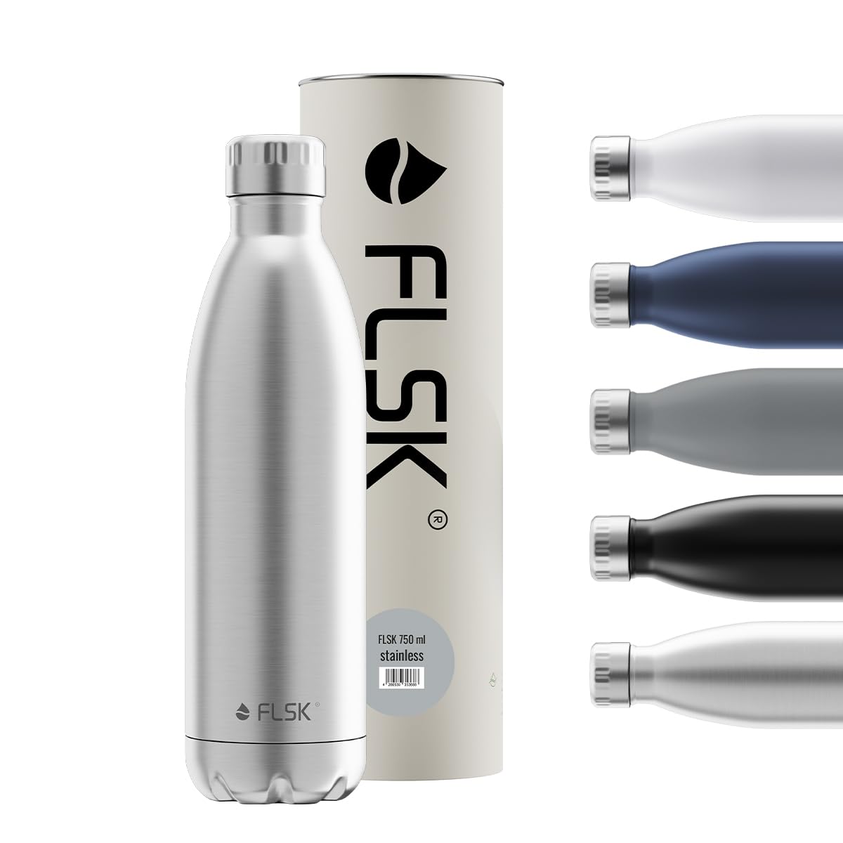 FLSK Botella termo de acero inoxidable de alta calidad, 100 % a prueba de fugas y con gas, mantiene el frío durante 24 horas y el calor durante 18 horas, sin BPA (inoxidable, 750 ml)
