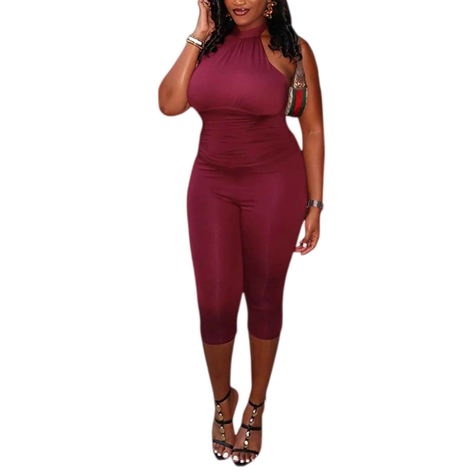 Women's Halter Capri Jumpsuit Open Back Bodycon Romper Sleeveless Halter Neck, Open Back with Tie, Ruched Waist Design, Capri Length Pants, Stretchy Bodycon Fit, Sexy Club Jumpsuit