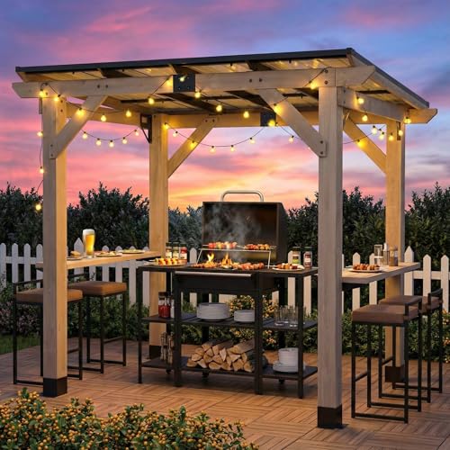 8x6 FT Outdoor Wood Grill Gazebo with Sloping Steel...