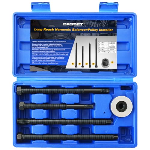DASBET 5PCS Long Reach Crank Pulley Underdrive Pulley Damper Installation Tool Kit | Harmonic Balancer Installer Set for Ford GM Dodge V8 V6 Engines Long Reach Pulley & Damper Installation
