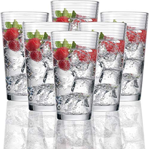 Circleware Hoop Highball Tumbler Drinking Glasses, Set Of 6, Kitchen Entertainment Heavy Ice Tea Beverage Cups Glassware For Water, Beer, Juice, Bar Liquor Farmhouse Decor, 15.7 Oz, Clear #TOP3