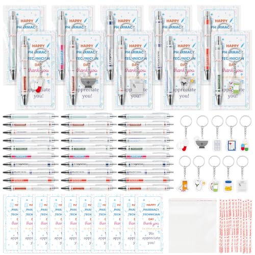 ANGOLIO 30 Sets Pharmacist Gifts Bulk - Ballpoint Pens Bookmarks Keychains