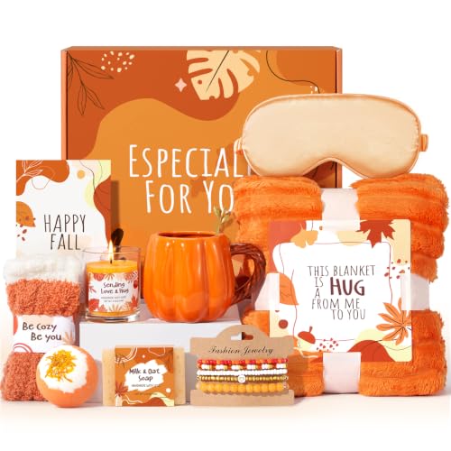 Fall Gifts Basket for Women, Orange Spa Gift Set Get Well Soon Care Package