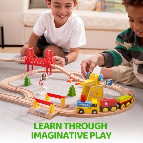 60PCS Wooden Train Set - Toy Magnetic Trains with Wooden Track Set for Kids Ages 3-8, Construction Crane Railway Set, Perfect Easter Birthday Gift for Grandkids Toddlers Boys Girls by SYNCFUN - Used condition - Image 7