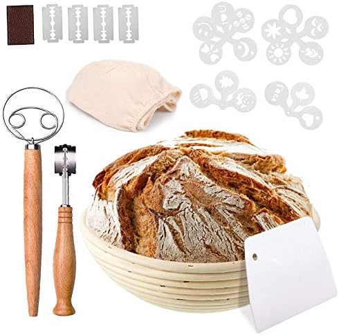 Bread Proofing Baskets Set, PATIOPTION Banneton Baskets Round Banneton Proofing Baskets Used for Making Sourdough Bread with Liner+Bread Lame+Dough+Scraper+Whisk+Stencils Baking Bowl Gift for Bakers