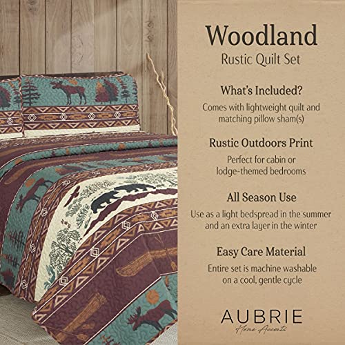 Aubrie Home Accents Woodland 2-Piece Twin Quilt Bedding Set With Pillow Sham Rustic Moose Bear Cabin Lodge Coverlet Bedspread, Brown Teal #TOP2