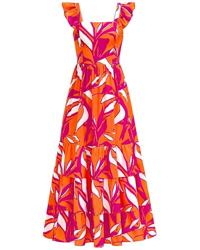 dowerme Summer Dresses for Women 2025 Casual Ruffle Smocked Tiered A-Line Boho Floral Maxi Beach Sun Dress with Pockets