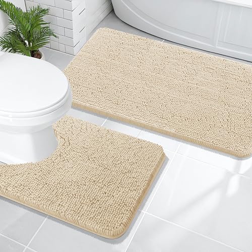 Image of OLANLY Bathroom Rugs Sets 2 Piece, Soft Absorbent Chenille Bath Mats and U-Shaped Contour Toilet Mat Area Rug Set, Machine Washable Bath Carpet, Home Decor Accessories(47 inchx20 inch+24 inchx20 inch, Beige)