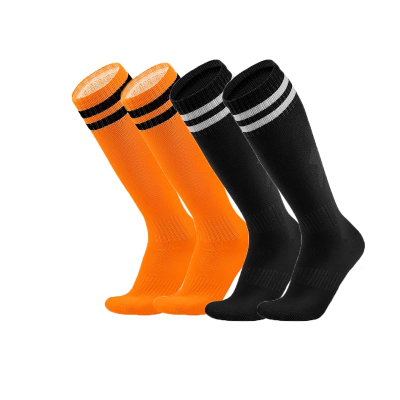 Zion Praiser Kids Soccer basketball football Socks Toddler Knee High Tube Stocking Boys Girls Striped Youth Athletic Socks orange and black