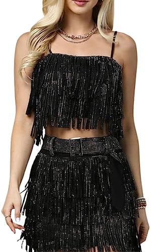 Womens Sparkle Rhinestone Fringe Skirt Sets Sleeveless Spaghetti ...