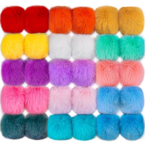 BQTQ 30 Pieces Faux Fur Pom Pom Fluffy Balls with Elastic Loop Faux Rabbit Fur Pom Pom for Hats Beanie Shoes Scarves Gloves Bags Accessories(15 Colors, 2 Pcs Each Color)