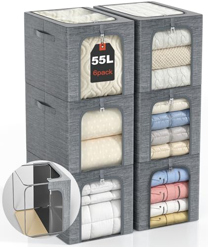 Image of GoMaihe Blanket Storage Bins with Metal Frame, 6-Pack Large Closet Storage Bins with Lid & Clear Window, Comforter Bedding Storage Organizer for Walk-in Closet Cationic Fabric 55L