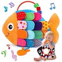 2 in 1 Babyspielzeug 0 3 6 Monate & Spielzeug Baby schwarz und weiß, Plüschtiere Fische Musik mit Rassel Spiegel Baby, sensorisches Spielzeug Montessori Spiele Baby 0-3 3-6 Monate, Geschenk zur Geburt