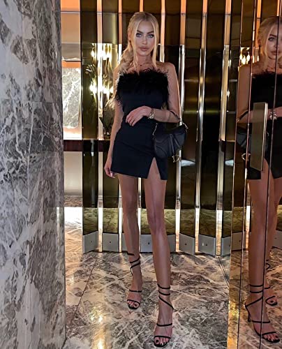 Nufiwi Women Strapless Ruched Mini Dress Sexy Backless Bandeau Tube Top Bodycon Dresses Printed Club Party Short Dress(Feather Black,S) #TOP3