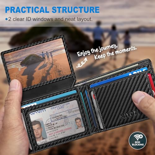 Image of miyozi AirTag Wallet for Men, Slim Leather Bifold with Holder Slot, 2 ID Windows & 13 Card Slots, RFID Blocking Front Pocket Wallet with Gift Box