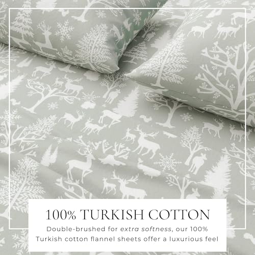 Image of Great Bay Home Flannel Sheet Set King Size - 100% Turkish Cotton, Double-Brushed, Lodge-Printed Bed Sheets - Ultra-Soft, Cozy, 4-Piece Bedding Set (Enchanted Woods - Blue)