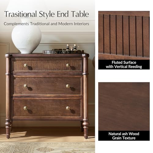 HULALA HOME Traditional End Table with Charging Station, Fluted End Tables with Wood Drawers and Solid Wood Spindle Legs, 28 Inch Wide Storage, Walnut - Image 3