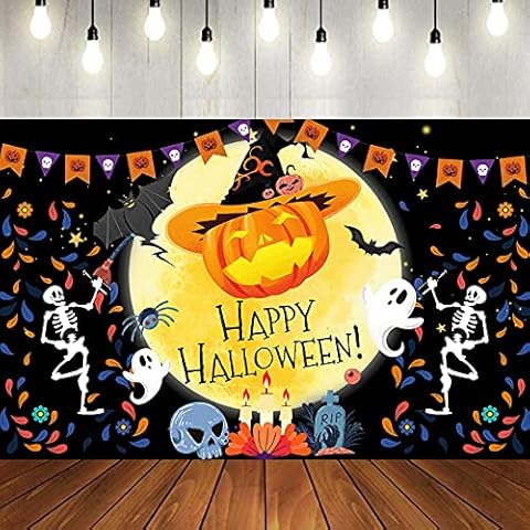 DecroXmas Happy Halloween Banner Backdrop Decorations, Extra Large Halloween Skeleton Pumpkins Scarecrow Bat Graveyard Photo Sign for Carnival Party Indoor Outdoor Store Bar(Yellow) Cover