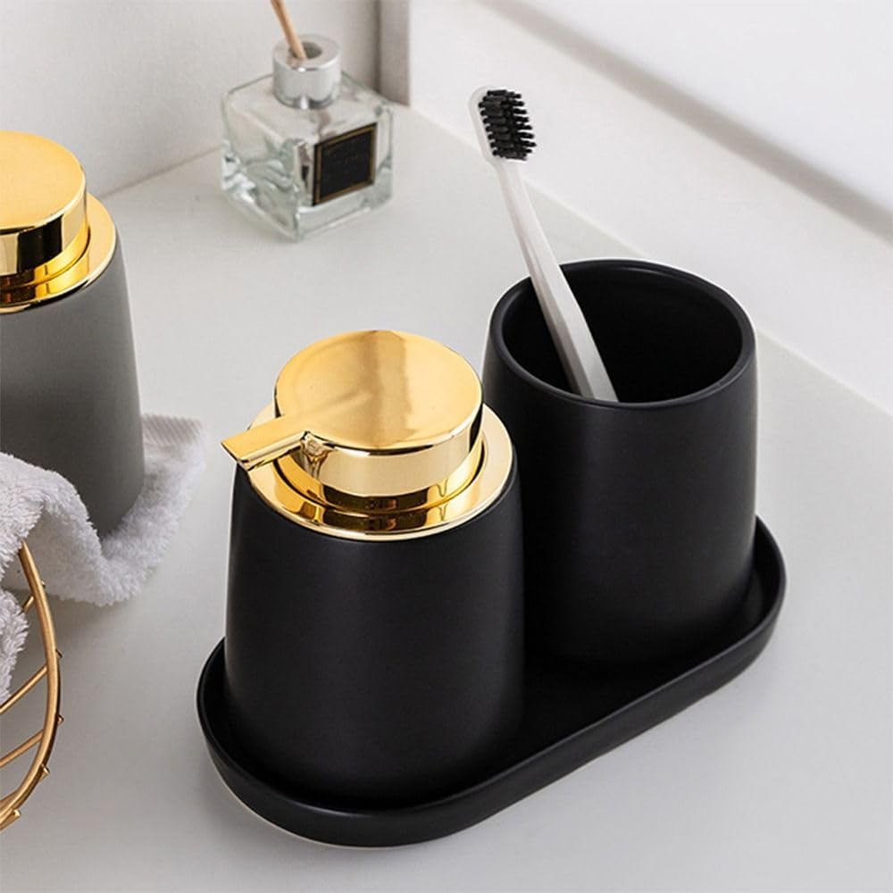 1 Pcs Ceramic Matte Black Round Soap Dispenser Tray, Multi-Purpose Lotion Bottle Hand Sanitizer Dispenser Bottle Mouthwash Cup Tray for Kitchen Sink, Bathroom