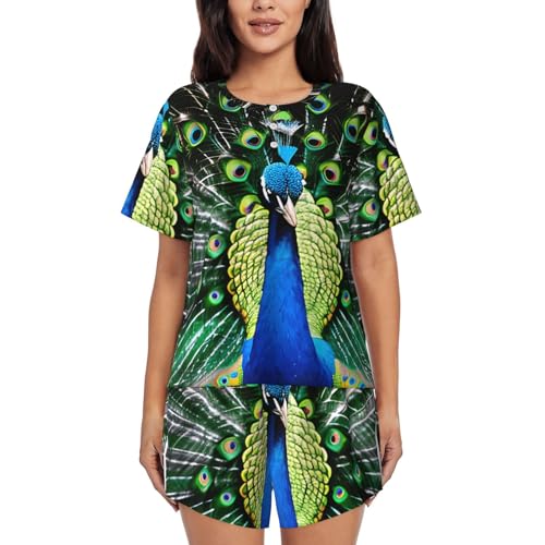 Pijama de manga corta para mujer cómodo y ligero con bonito estampado de pavo real