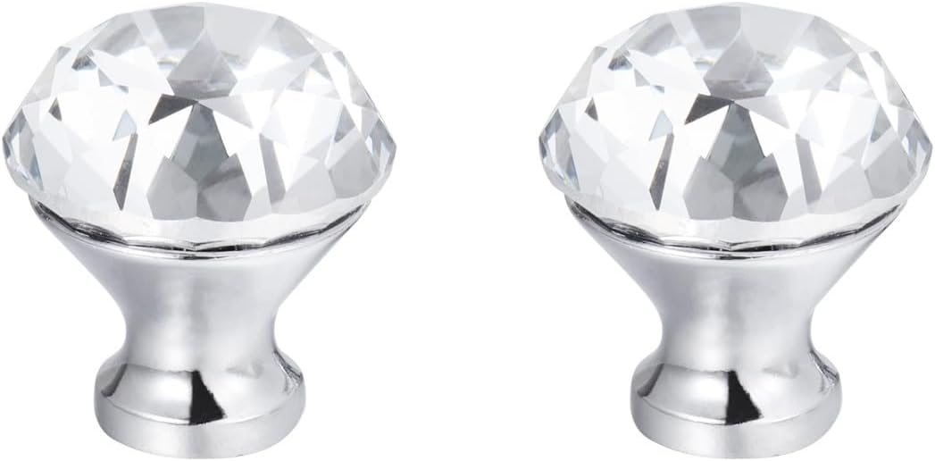 Hemoton 2Pcs 1.18 Inch Crystal Glass Knob Handles Diamond Shape Cabinet Drawer Pulls Single Hole for Wardrobe Kitchen Dresser Cupboard