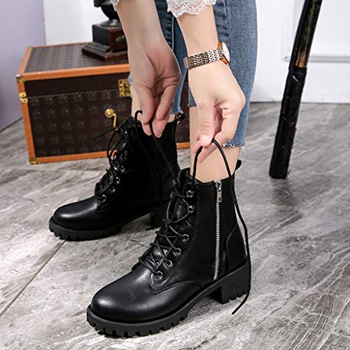 Haoricu Black Combat Ankle Boots For Women Pu Leather Boots For Women, Cap Toe Lace Up Boots With Zipper #TOP3