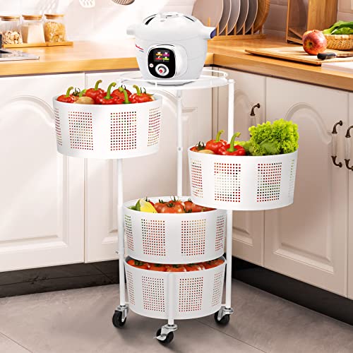 Glocalcul Fruit Vegetable Round Baskets Rack, Rolling Rotating Storage Shelf, Easy Install Metal Baskets With Wheels, Standing Storage Cart Organizer For Kitchen, Bathroom, Living Room(White, 4 Tier) #TOP2