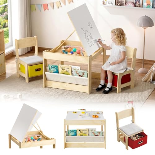 Image of EXPERLAM Kids Table and 2 Chairs Set, Wooden Toddler Activity Table with Adjustable Drawing Tabletop, Safety Hinges, Storage Drawers &Bookshelf for Playroom, Nursery, Ages 1-6, Burlywood