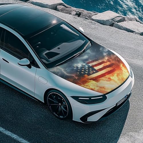 Image of Car Hood Cover Car Hood Protector Auto Banner All Weather Universal Auto Decorative Accessories for Compact Sedans SUV Trucks Minivan (US Flag Flames and Lightning Design)