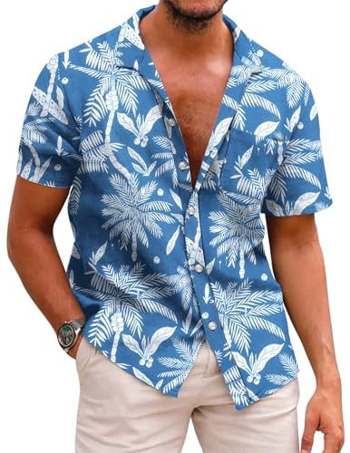 COOFADNY Camisa Hawaiana Hombre Manga Corta Camisas Tropicales Playa Funky Camisa Flores Causal Camisas Estampadas de Verano A Azul S