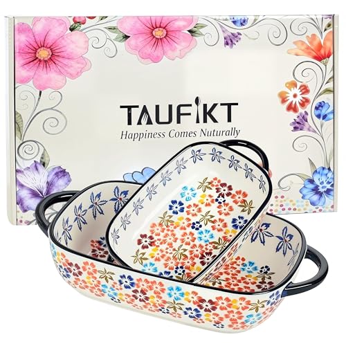 TAUFIKT Ceramic Casserole Dishes for Oven Hand-painted Polish Pottery Baking Dish Set of 2 0.8QT / 2QT Porcelain Casserole Dish with Handles Baking Pan Lasagna Pan Gift for Family/Friend (Yellow)