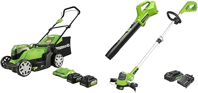 Greenworks 48V (24V x 2) 17" Lawn Mower, (2) 4Ah Batteries and Dual Port Charger Included, MO48B2210, Green & 24V String Trimmer and Blower Combo, 2Ah USB Battery and Slow Charger Included