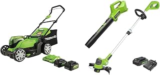 48V (24V x 2) 17" Lawn Mower, (2) 4Ah Batteries and Dual Port Charger Included, MO48B2210, Green & 24V String Trimmer and Blower Combo, 2Ah USB Battery and Slow Charger Included