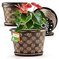 8 Inch Planter Pots for Plants, Plastic Flower Pots Indoor Outdoor, 5 Pack Resin Plant Pot with Drainage & Saucer, Retro Decorative Garden Pot with Removable Trays for House