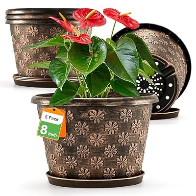 8 Inch Planter Pots for Plants, Plastic Flower Pots Indoor Outdoor, 5 Pack Resin Plant Pot with Drainage & Saucer, Retro Decorative Garden Pot with Removable Trays for House
