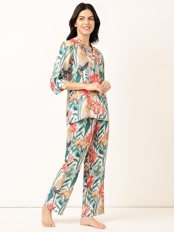Image of STORIES OF BANNO'S SWAGGER Premium Poly Muslin Floral Co-Ord Set for Women | Soft Pajama Set | Elegant Printed Nightwear Lounge Outfit | Trendy Casual Wear Co-Ord Set